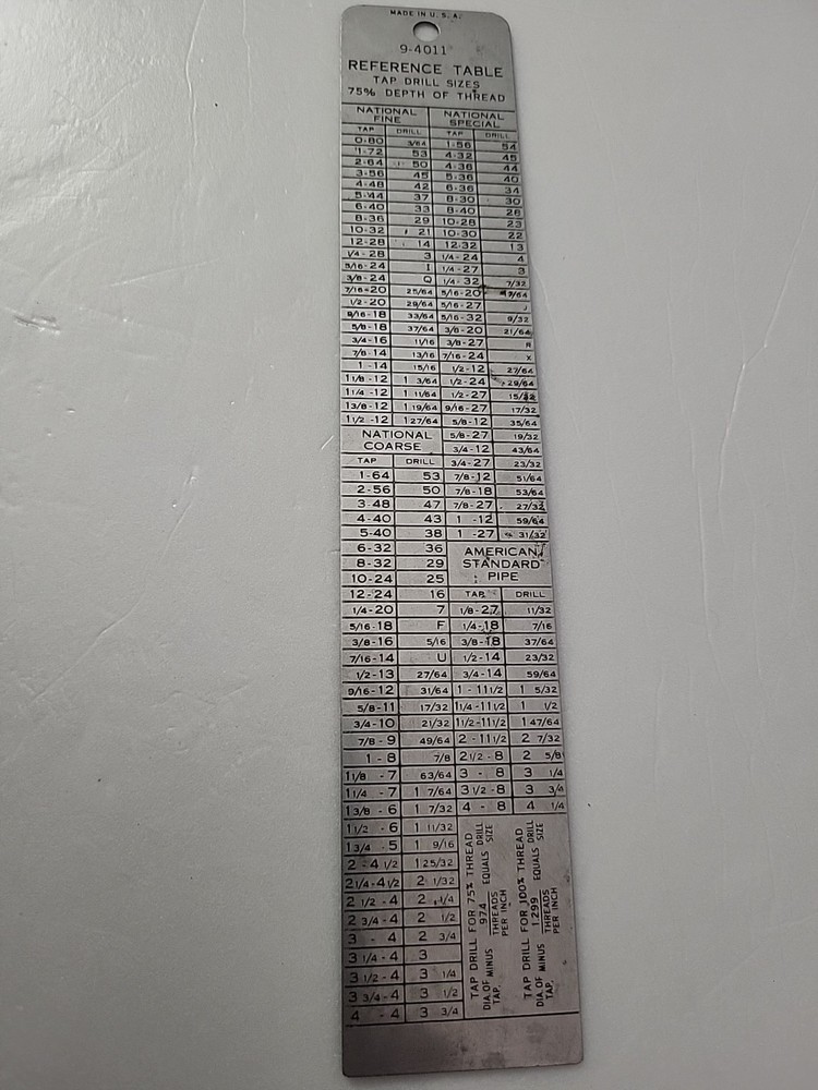 Craftsman Reference Table Tap Drill Sizes 9-4011