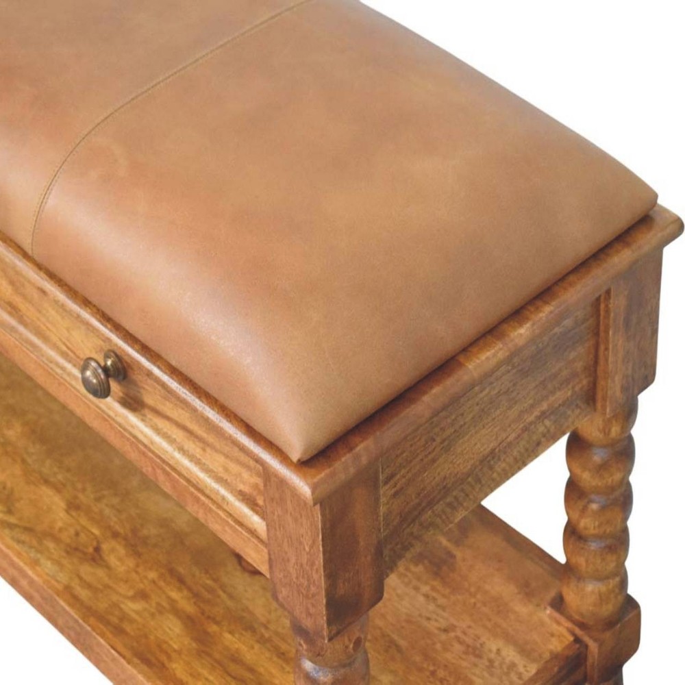 Leather Spindle Storage Bench - Amber Oak