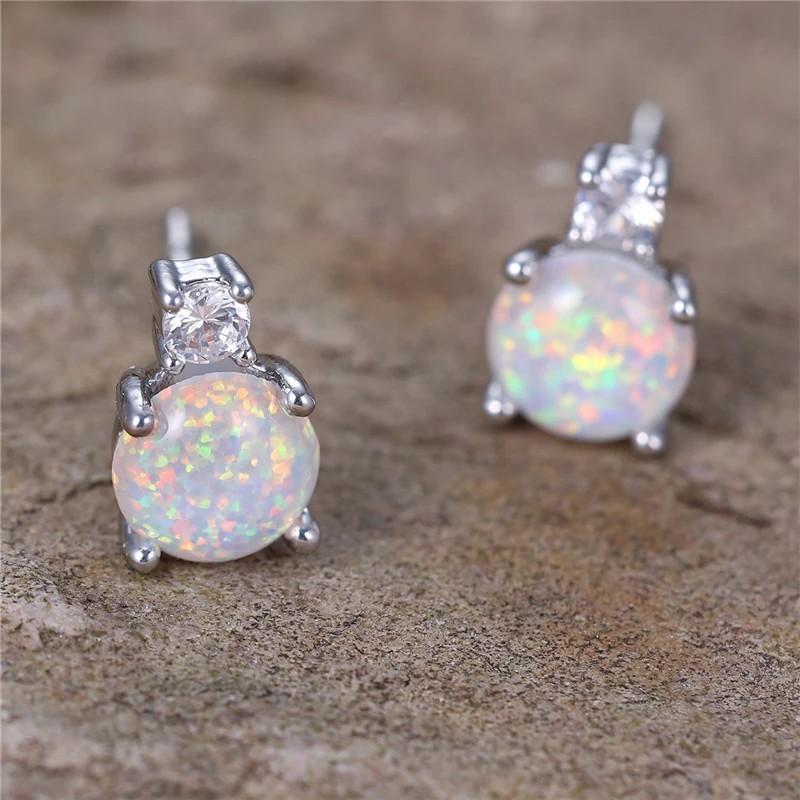 White Opal Fire Stone Small Round Stud Earrings 925 Sterling Silver