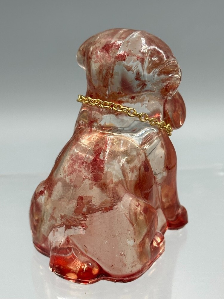 Vintage Figural DOG & Collar Glass CANDY CONTAINER Flashed Pink A&E 183