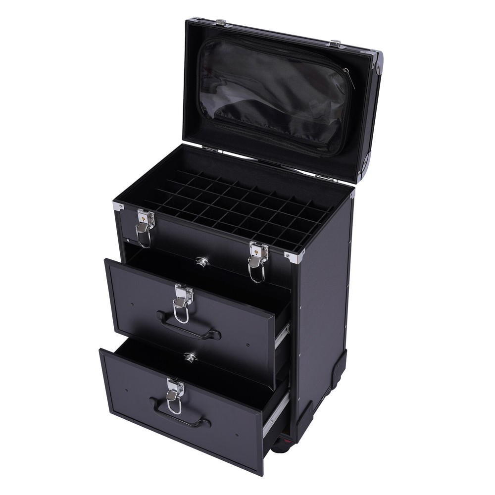 Black Cosmetic Storage Case Organizer Trolley Lock Rolling Makeup Train Case