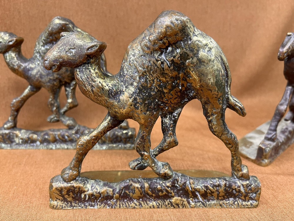 (3) Vintage / Antique Solid Brass Running Racing CAMEL Bookends ~ Orientalist