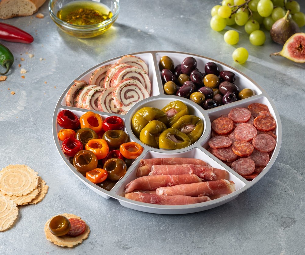 Plasticpro 6-Section Round Plastic Serving Tray Platter White/Silver (2 Pack)