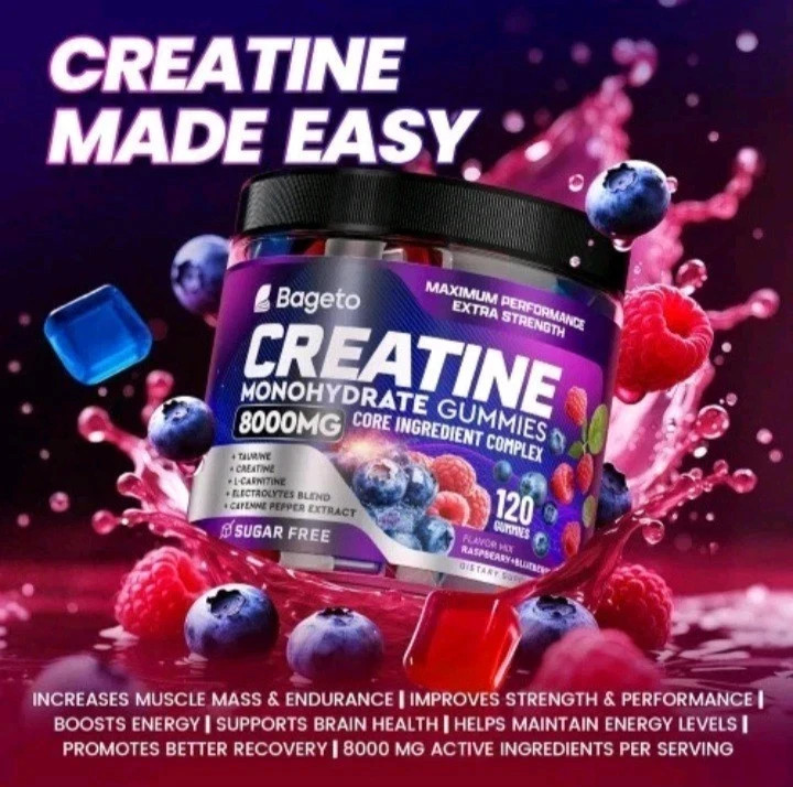 Bageto Creatine Monohydrate Gummies 8000mg 120ct Complex Raspberry Blueberry