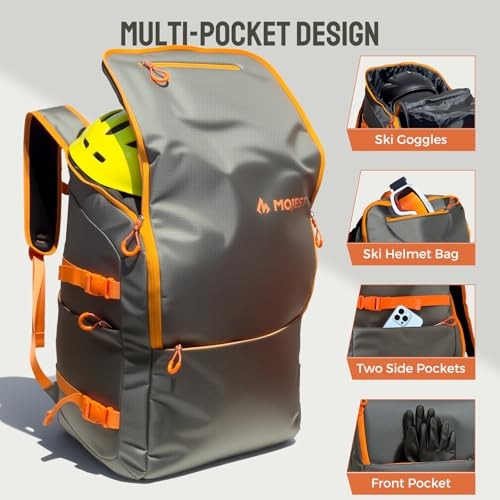 55L Ski Boot Bag Backpack, 6 Pockets, Ergonomic Design, Waterproof Orange-gray