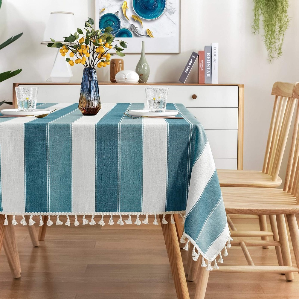 AmHoo Striped Tassel Tablecloth Stitching Rectangle Table Cloth Cotton Linen ...