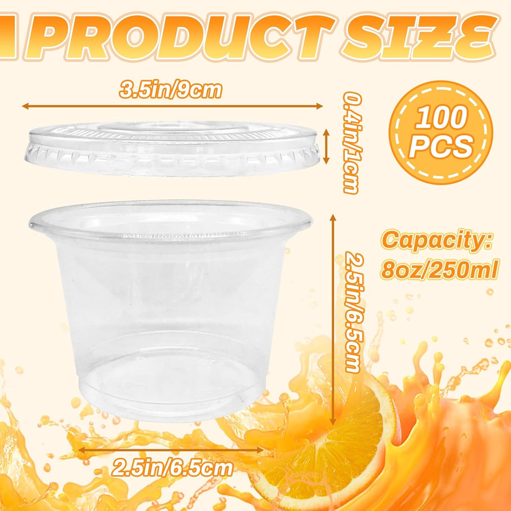 100 Pcs 8 OZ Disposable Plastic Cups with Flat Lids,Clear Portion Cups with Flat