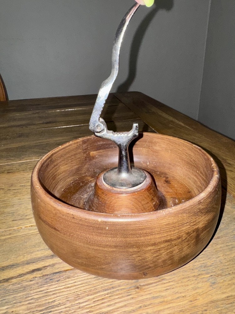 Vintage Gail Craft Wood Nut Bowl With Nutcracker Attached