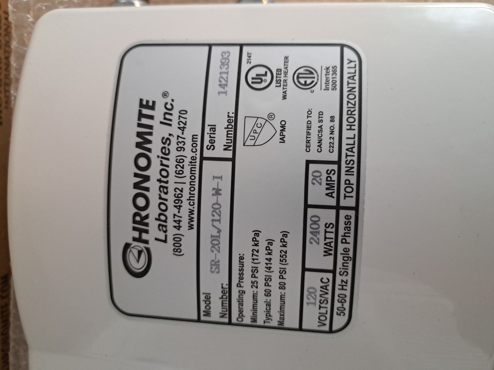 Chronomite SR-20L/120 120-W-I Electric Tankless Water Heater 120V 25 Psi Minimu