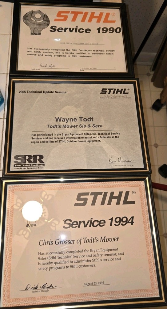 3 1990s 2000s STIHL TECHNICAL SERVICE CERTIFICATES FRAMED