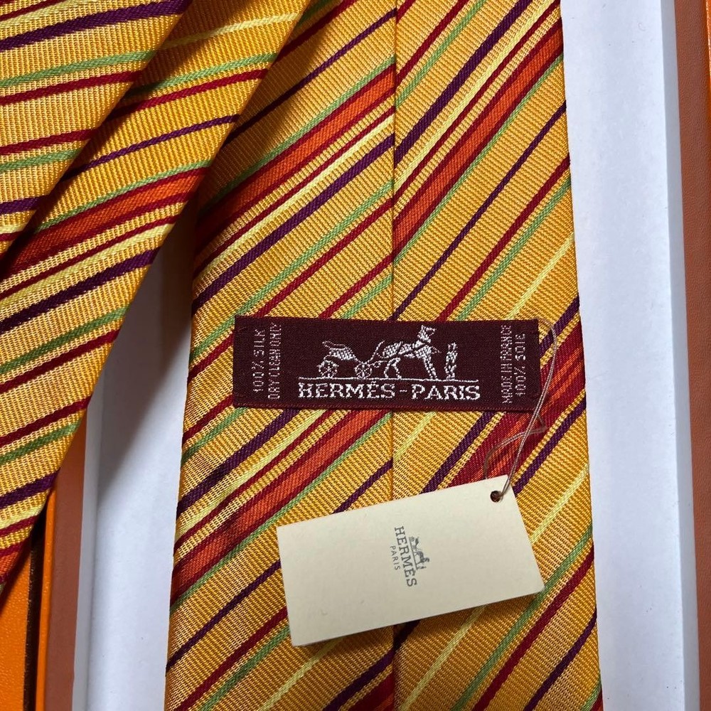 HERMES Tie Orange Multi Color Stripe Jacquard