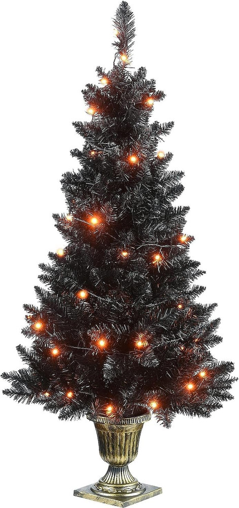 4 Ft. Black Entrance Tree with String of Orange Lights