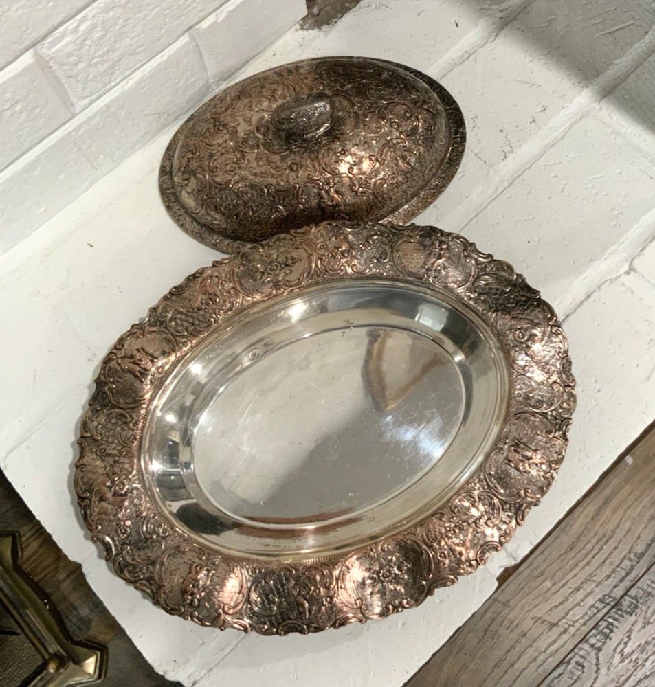 Antique Silver on Copper Oval Covered Repousse Serving Dish from E.G. Webster