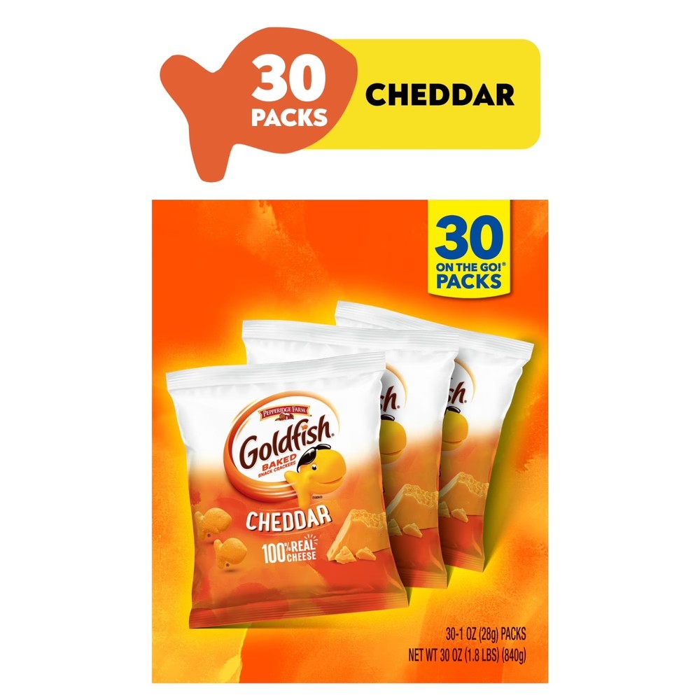 Goldfish Cheddar Crackers, Snack Pack, 1 oz, 30 Count Multi Pack Box.