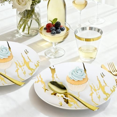 175pcs Gold Plastic Dinnerware Set – Elegant Disposable Plates, Cups, Utensils
