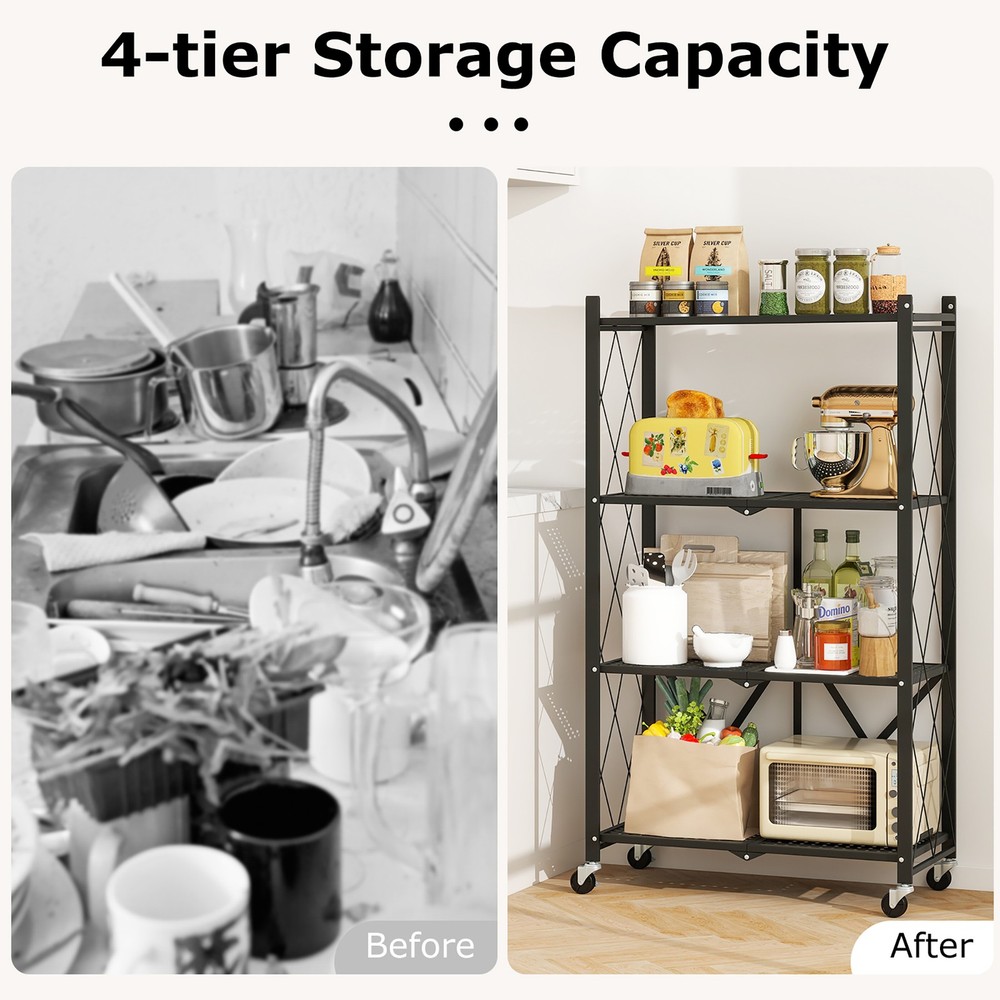 4-tier Foldable Storage Shelving Unit w/4 Universal Wheels for Kitchen Study