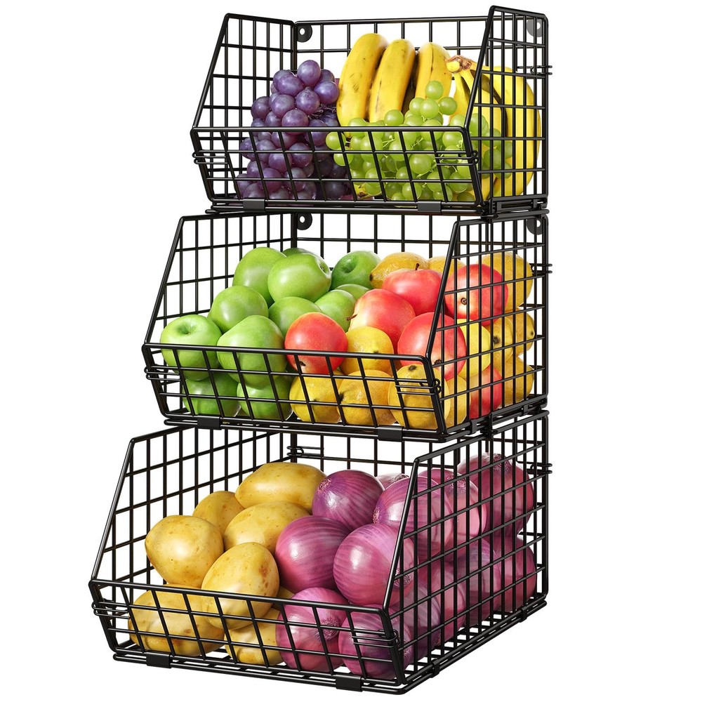 3-Tier Stackable Wire Baskets for Counter, Fruit and Vegetable Storage, Potat...