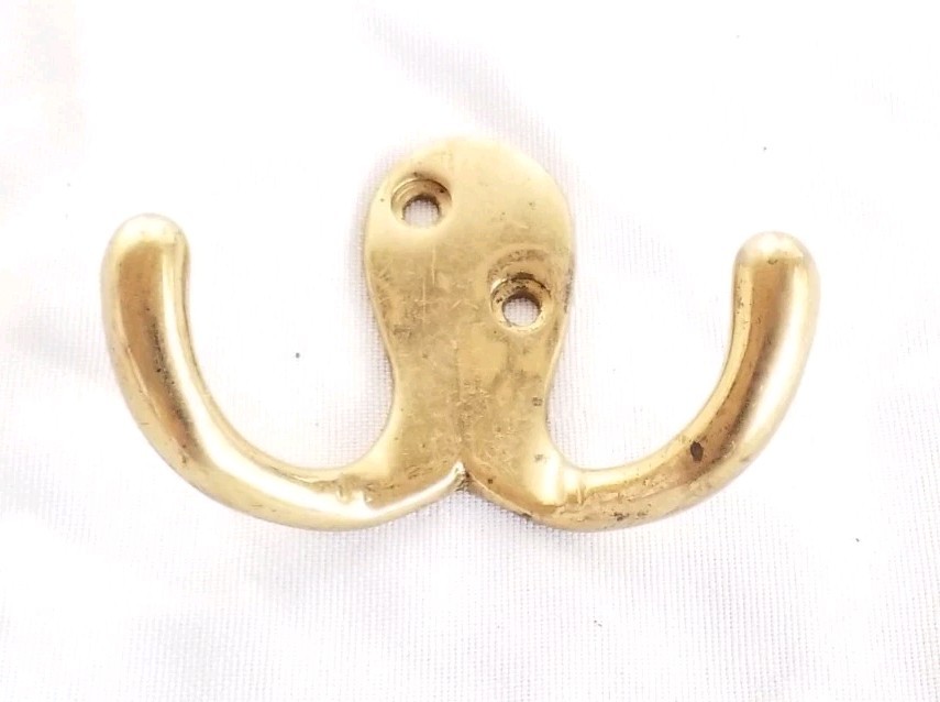 Vintage Hardware Solid Brass Wall Mount Double Robe/ Clothes Hook 2 Prong/ Hooks