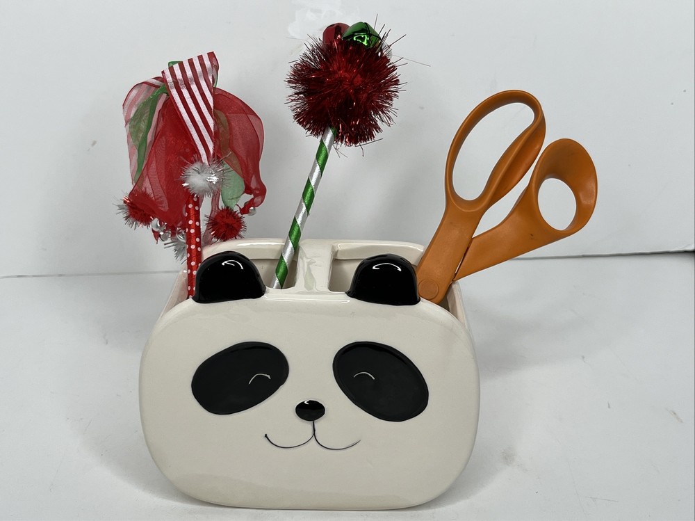 Isaac Jacobs Ceramic Panda Head 2-Section Multipurpose Organizer Caddy Vase READ