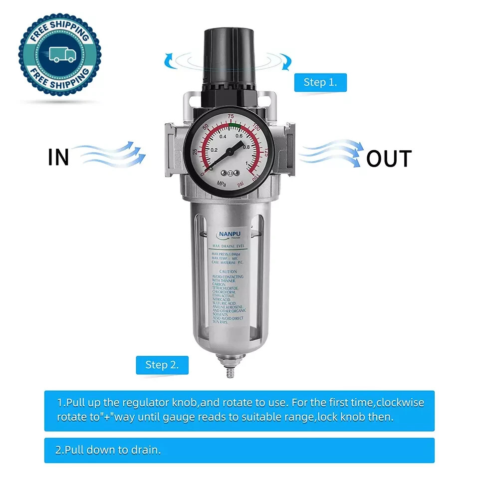 1/2" NPT Compressed Air Filter Regulator Combo, Air Filter Pressure Regulator Ga