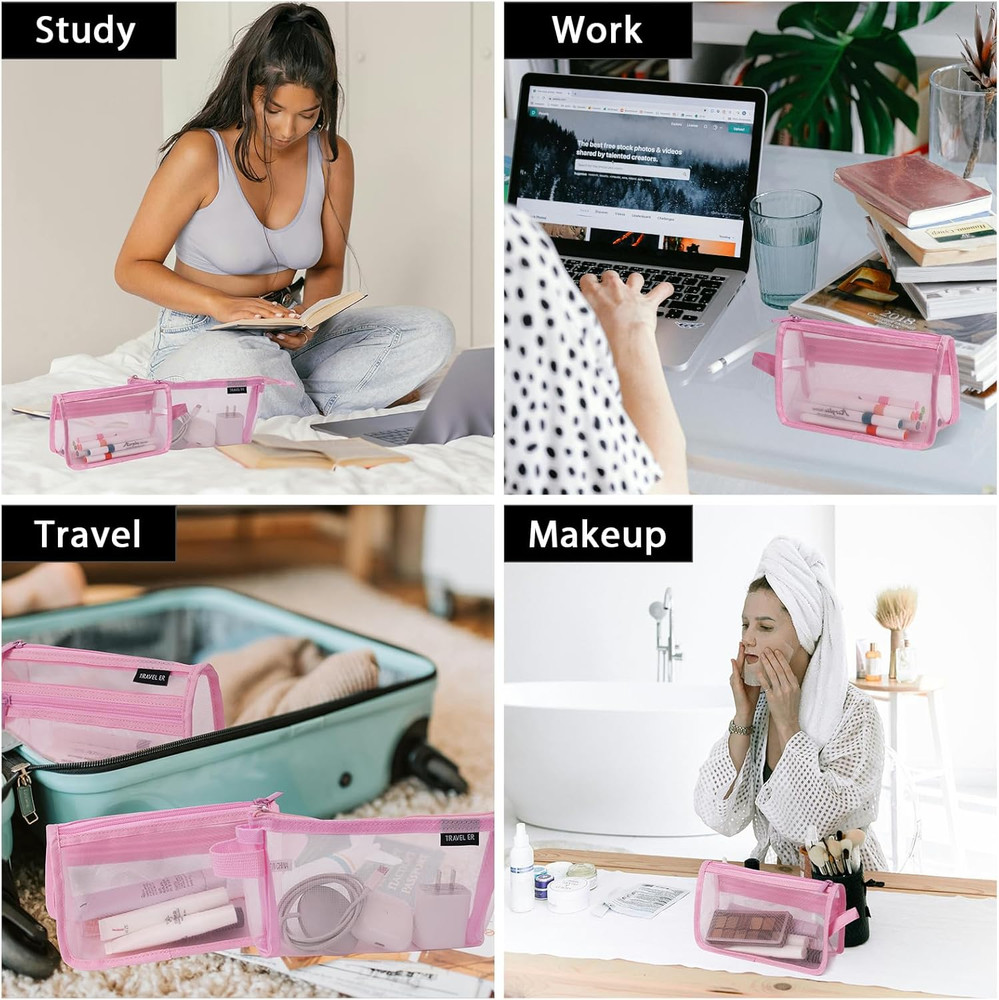 2-Pack Grid Mesh Pencil Case with Handle and Zipper, Double Layer Clear Pencil P