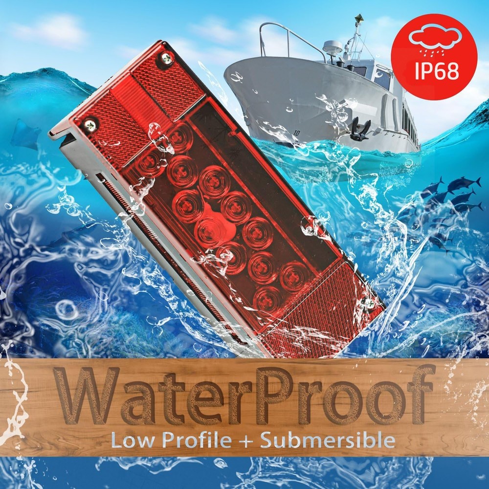 Left+Right LED Waterproof Red Trailer Boat Rectangle Stud Stop Turn Tail Lights