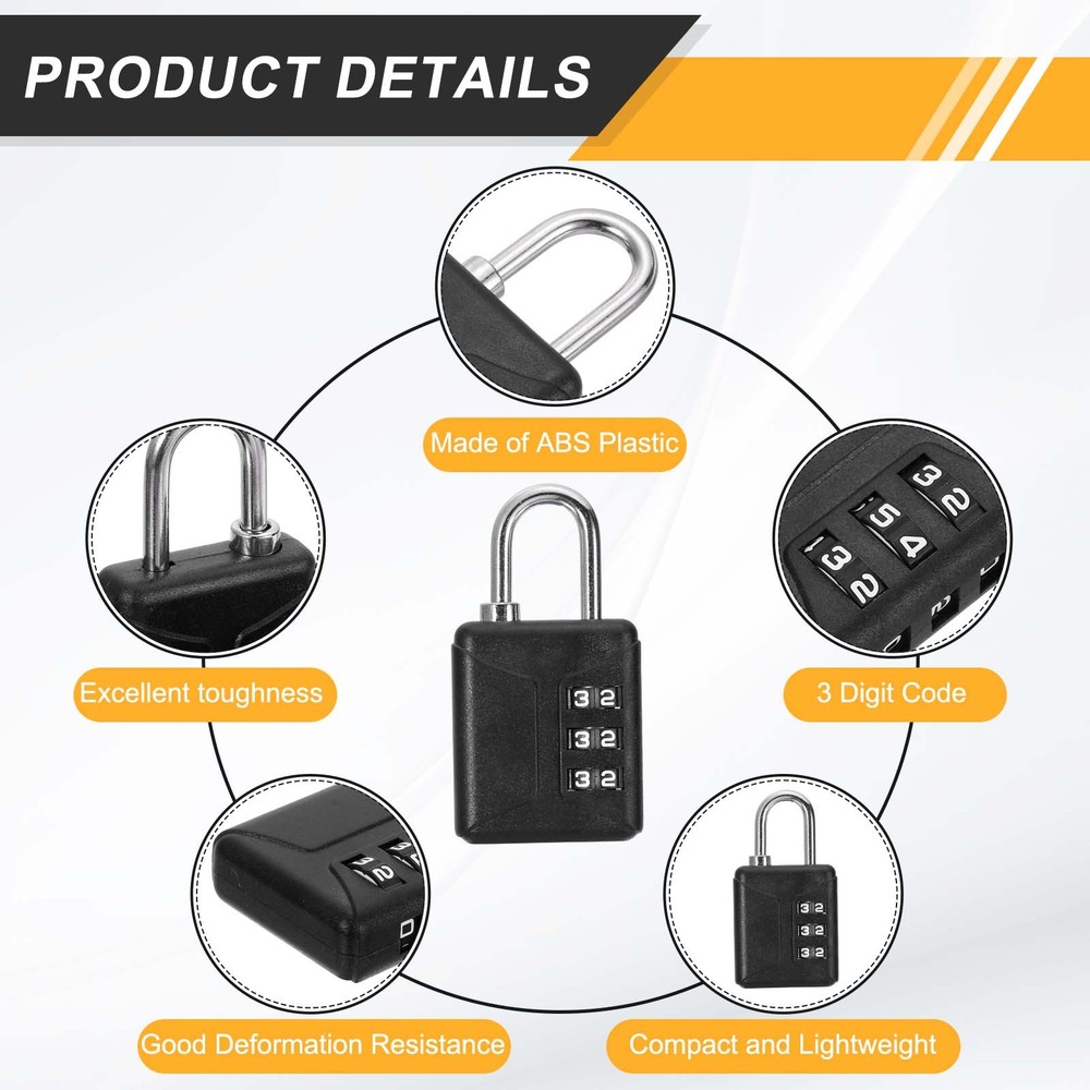 2pcs Resettable 3 Digit Plastic Combination Padlock, Black (60 x 32mm)