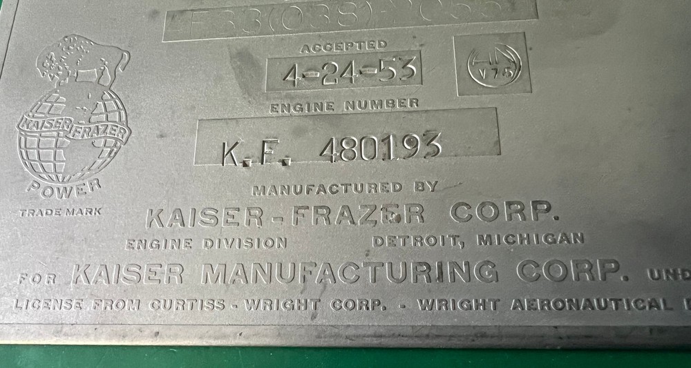 WRIGHT CYCLONE R-1300 ENGINE DATA PLATE – T-28 TROJAN