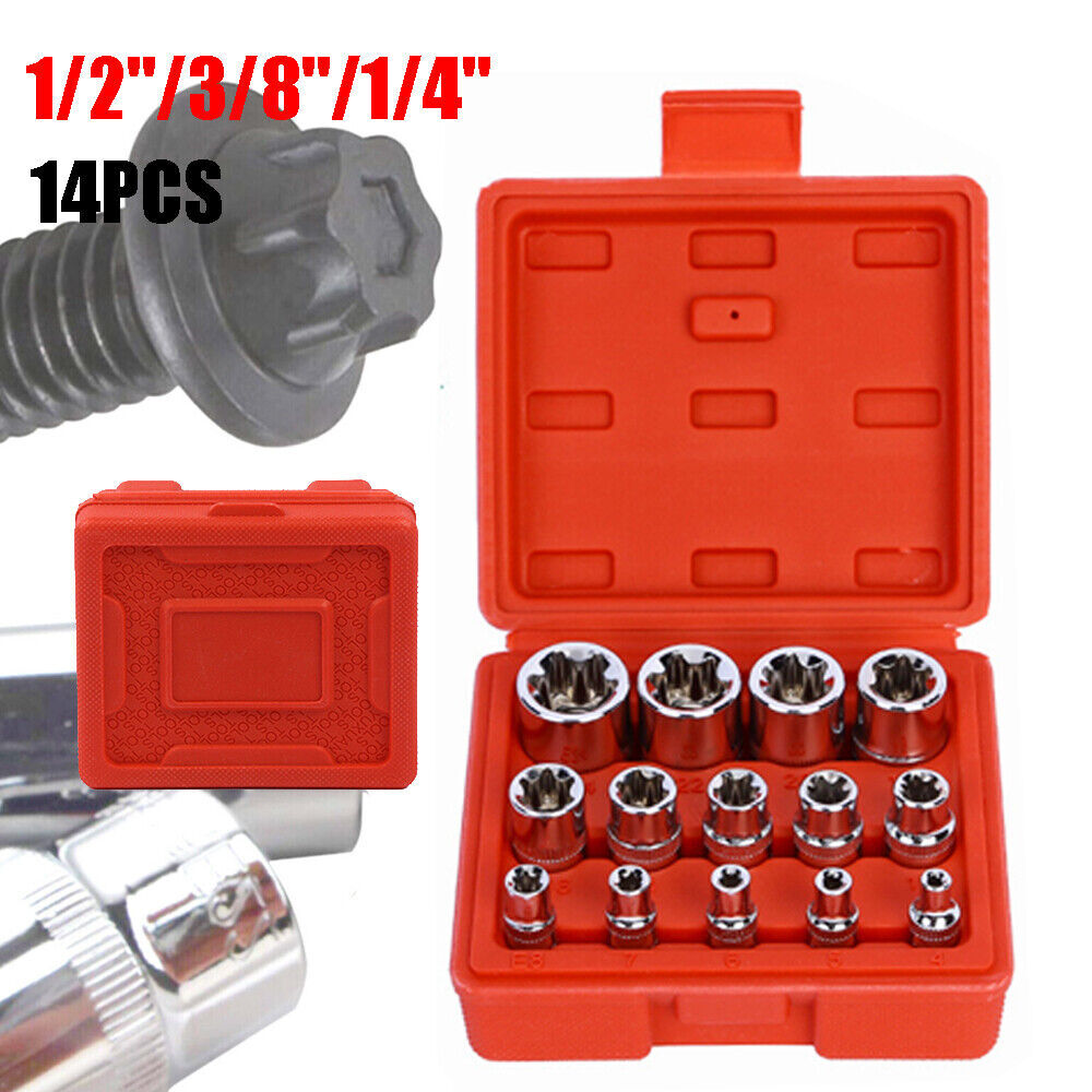 14 PC E Torx Star Female Bit Socket Set 1/2"/3/8"/1/4" Drive E4 -E24