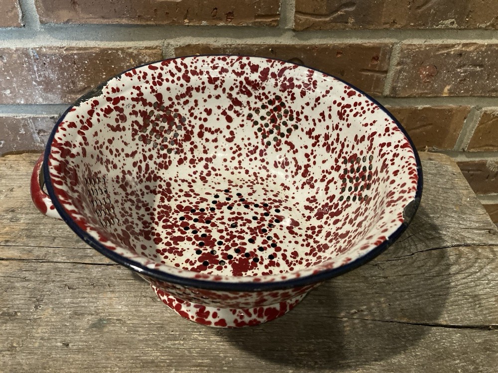 Vintage Dark Red Speckled Enameled Colander Strainer