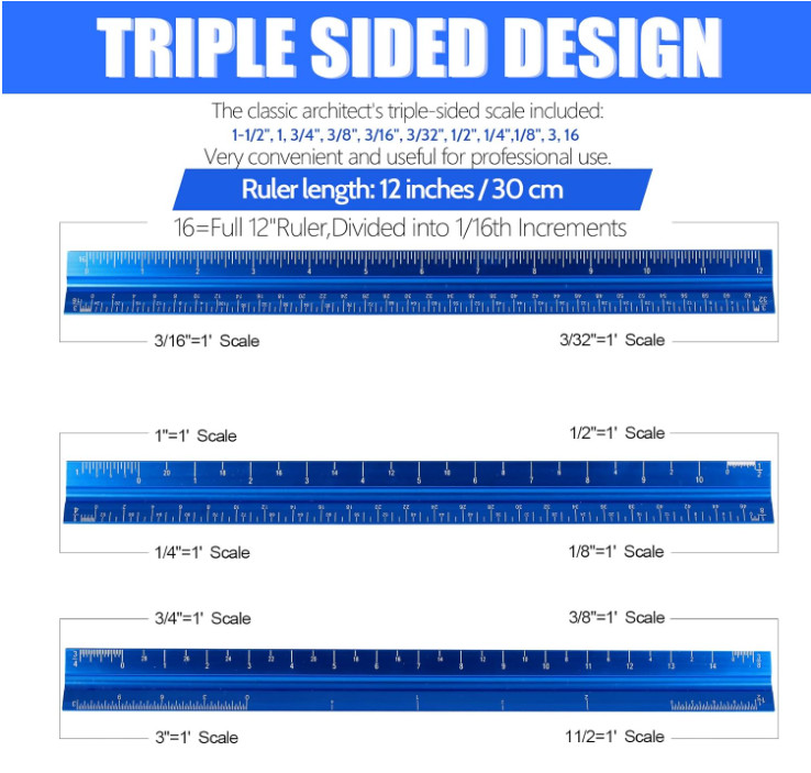 12" Architectural Scale Ruler, Aluminum Scale, Triangular Ruler, Scale Ruler