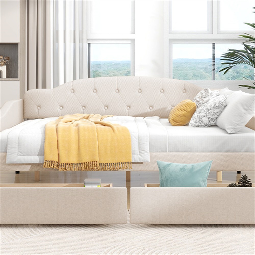 Full Size Daybed Upholstered Bed Frame Sofa Bed w/ 2 Storage Drawer Beige US