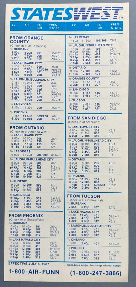 StatesWest Airlines Timetable Effective July 6, 1987
