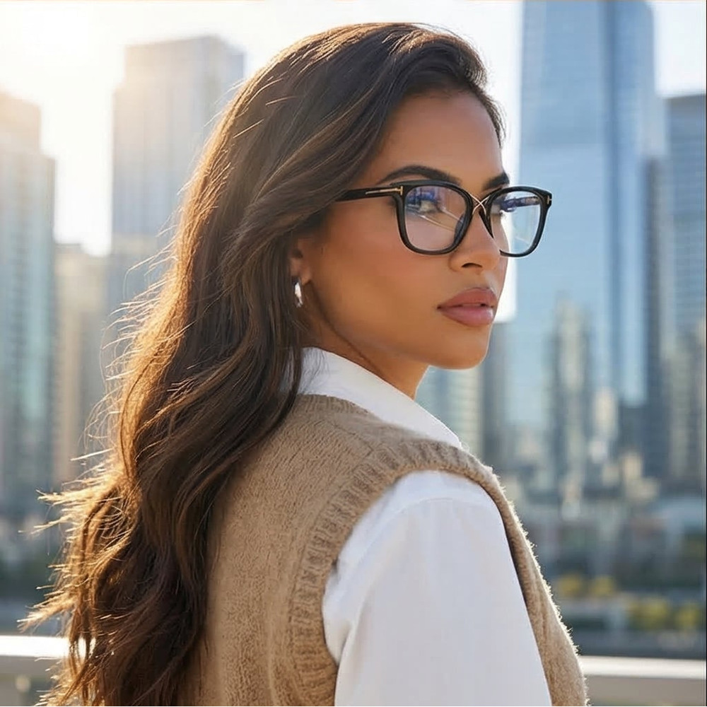Tom Ford Eyeglasses FT5637-B 001 Black Rectangular Gold Frames 52mm Blue Light