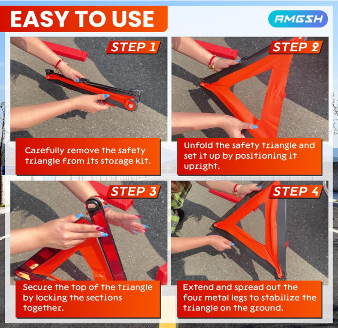 3 Pack Reflective Warning Triangles, Foldable Roadside Emergency Safety Kit