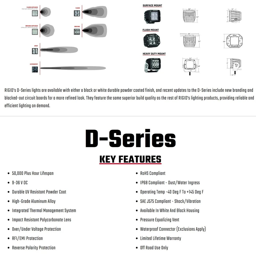 Rigid 611513 D-Series PRO Flood Diffused White Square LED Single Light Kit White