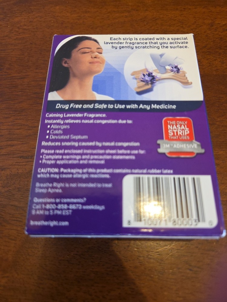 Breathe Right Nasal Strips Lavender Scented 24 Tan Strips Open Package