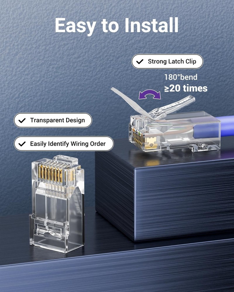 User-Friendly 25-Pack RJ45 Cat6 Connectors for Solid or Stranded Network Cables