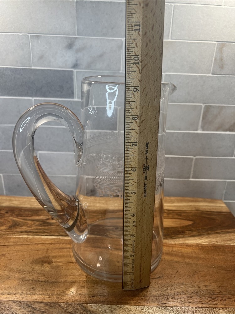 HAND BLOWN CRYSTAL ETCHED PITCHER 48oz OPEN LIP CRYSTAL APPLIED HANDLE