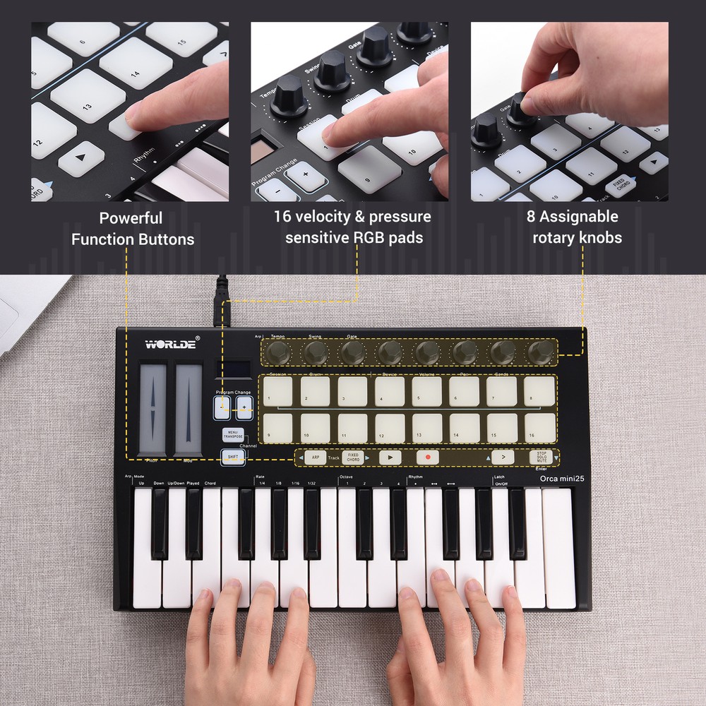 WORLDE Orca mini25 25-Key USB MIDI Keyboard Controller 16 Backlit Trigger Pads