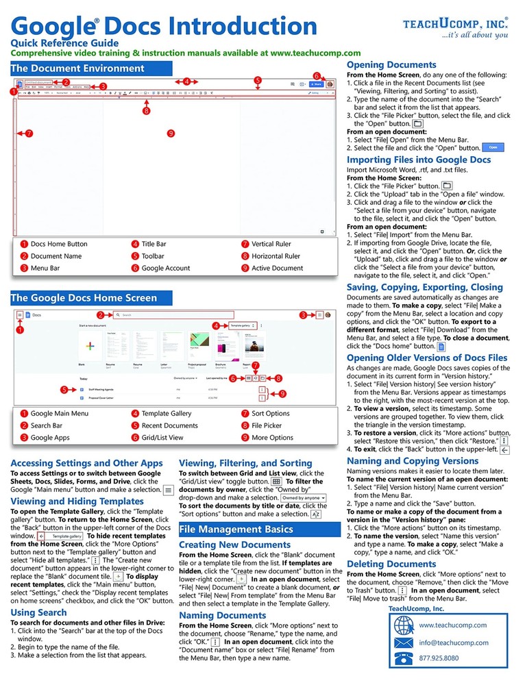 Google Docs Training Guide Quick Reference Card 4 Page Cheat Sheet Instructions