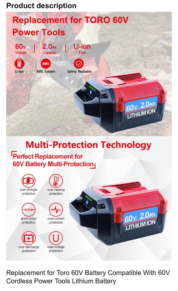 Replacement Battery 60v for Toro power tools