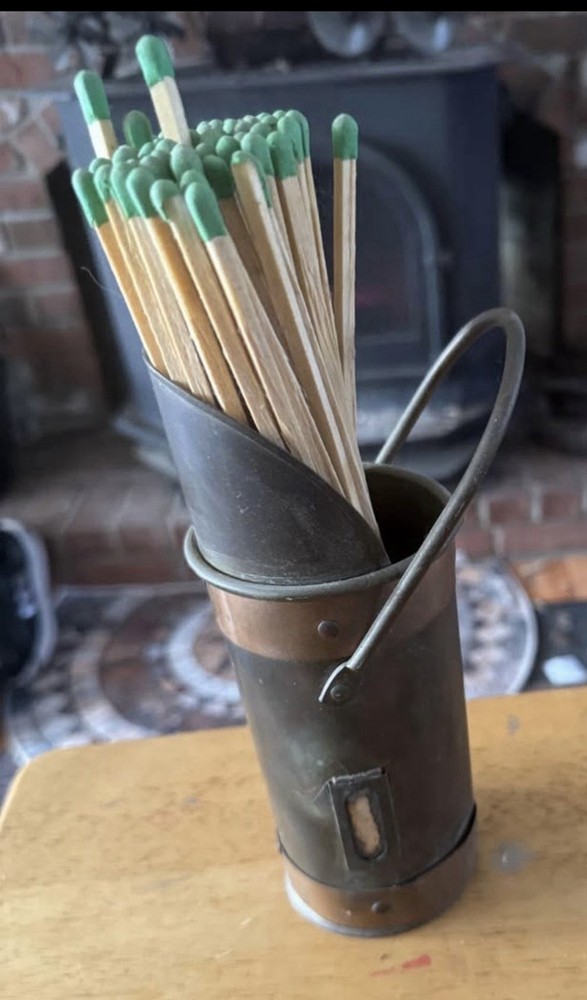 Rustic, Brass/Copper, Match Holder/mini coal scuttle with Green Tipped Matches