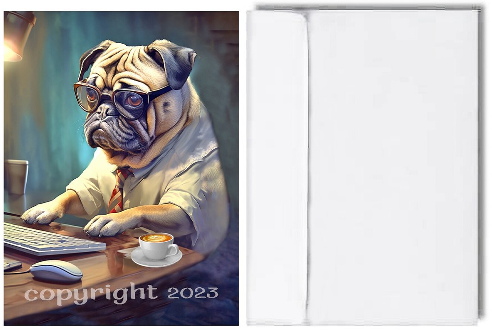 Pug Dog at Computer with Coffee Greeting Card hand-crafted