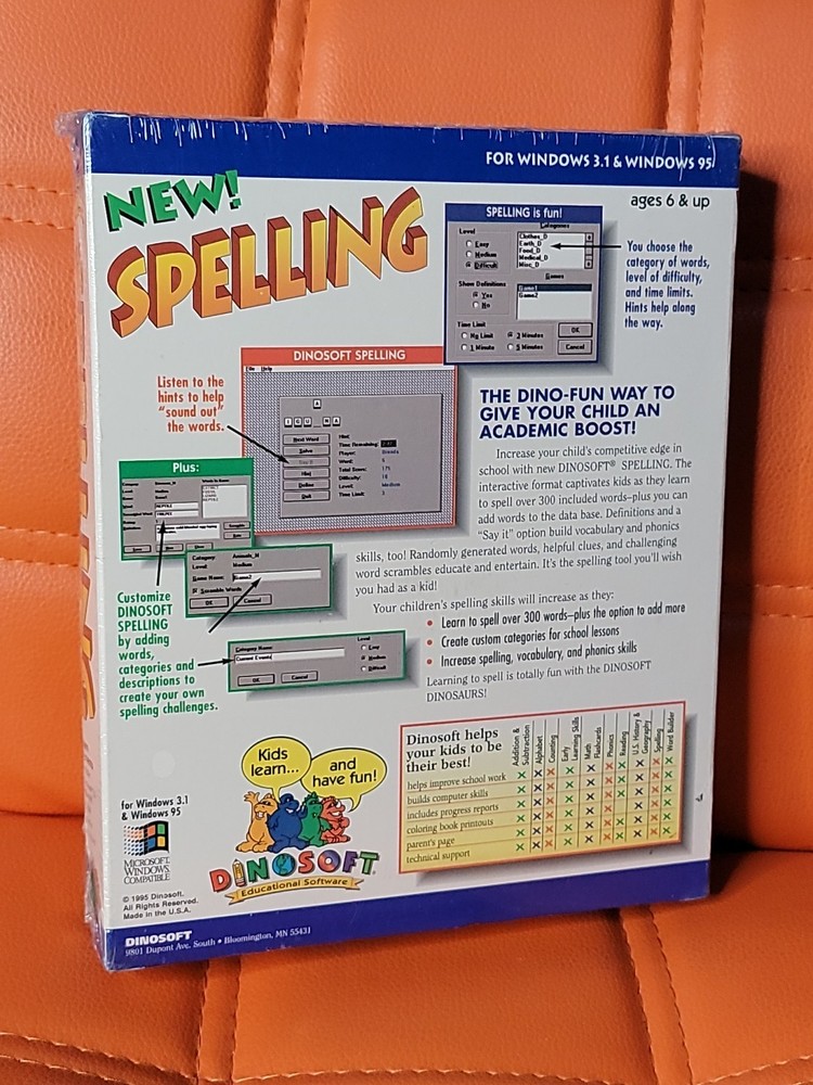 Rare HTF Dinosoft Spelling Educational Software Big Box (Windows PC, 1995) New