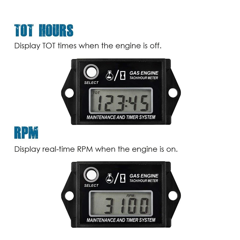 Tiny Tach Digital Hour Meter/Tachometer for Marine Spark Mower Engine Motor Boat