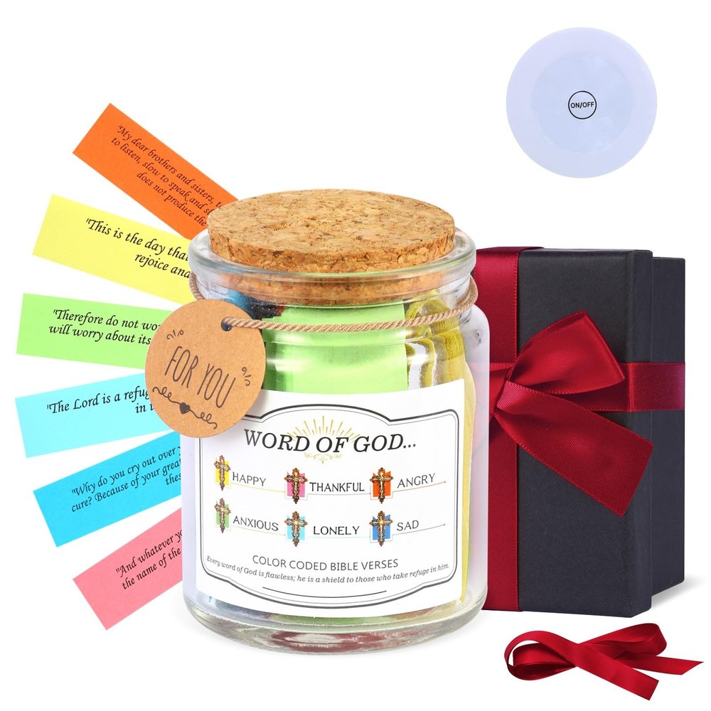 Bible Verse Jar with LED Lights & 90 Scripture Cards & 6 Color-Coded Emotions...