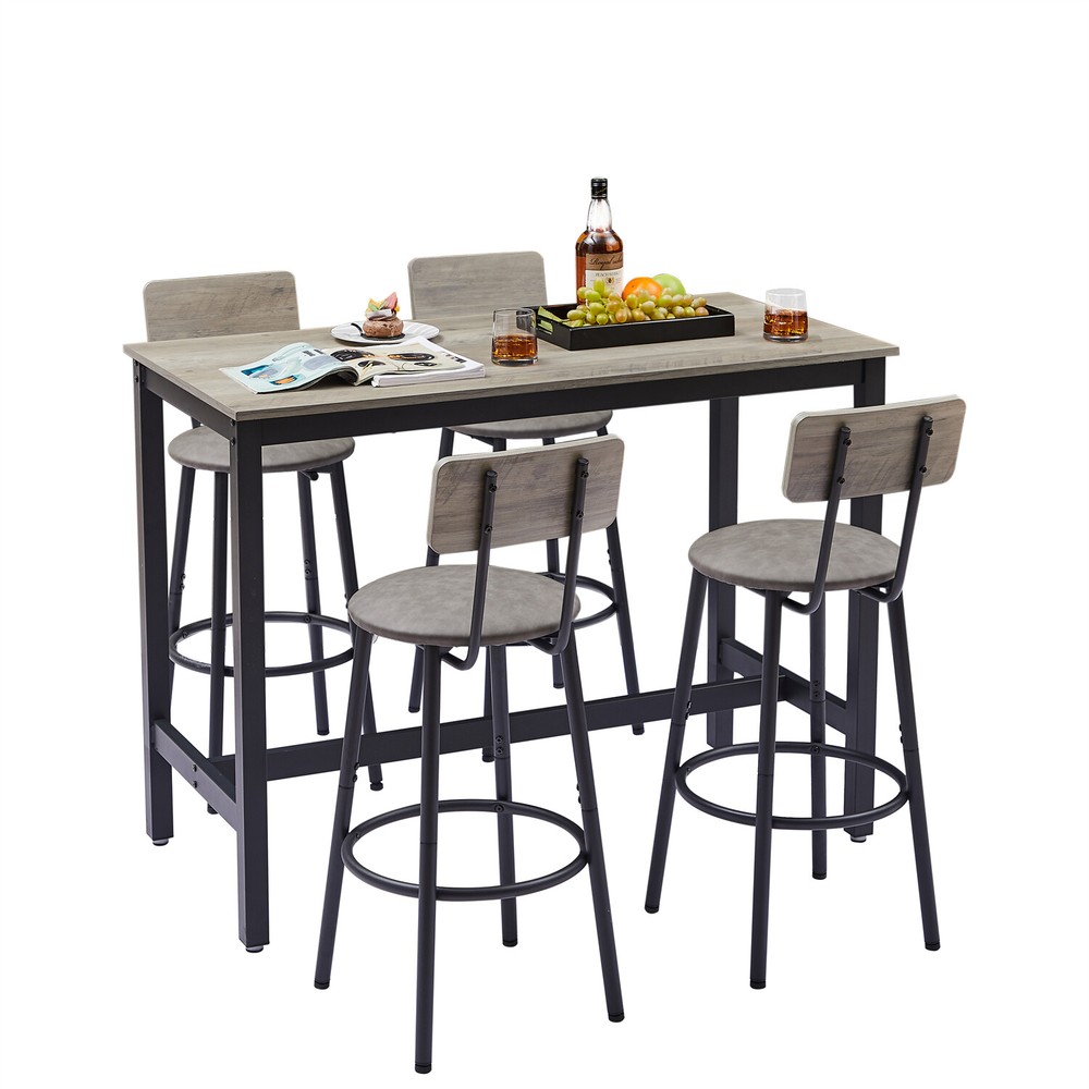 5 Piece Bar Table Set Counter Height Kitchen Pub Table w/ 4 Bar Stools Grey