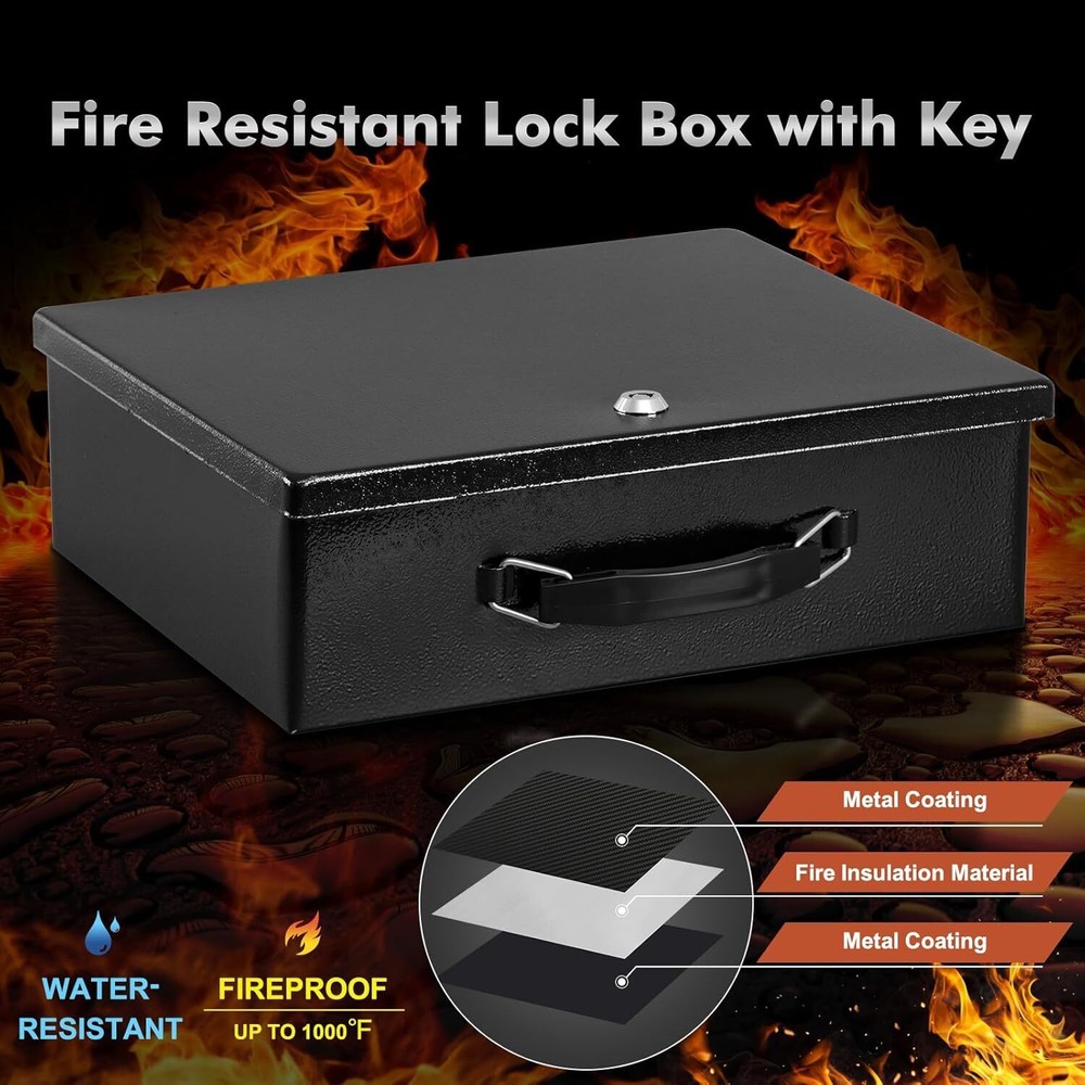 Fireproof Document Box w/ Key Lock Safe Storage Box for Valuables Security Chest