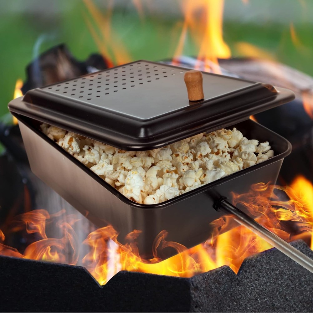 Campfire - Popcorn Maker with Non-Stick Coating and Extended Handle (Black)